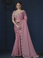 Rose Pink Crepe Satin Silk Party Wear Saree